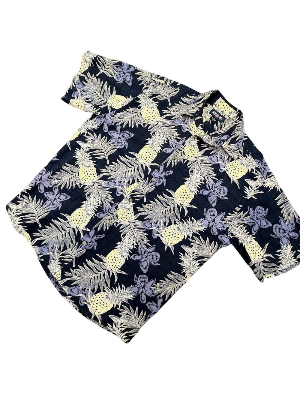 Keeler Bay Mens M Navy Hawaiian Shirt Pineapple Floral Aloha Cotton Rayon